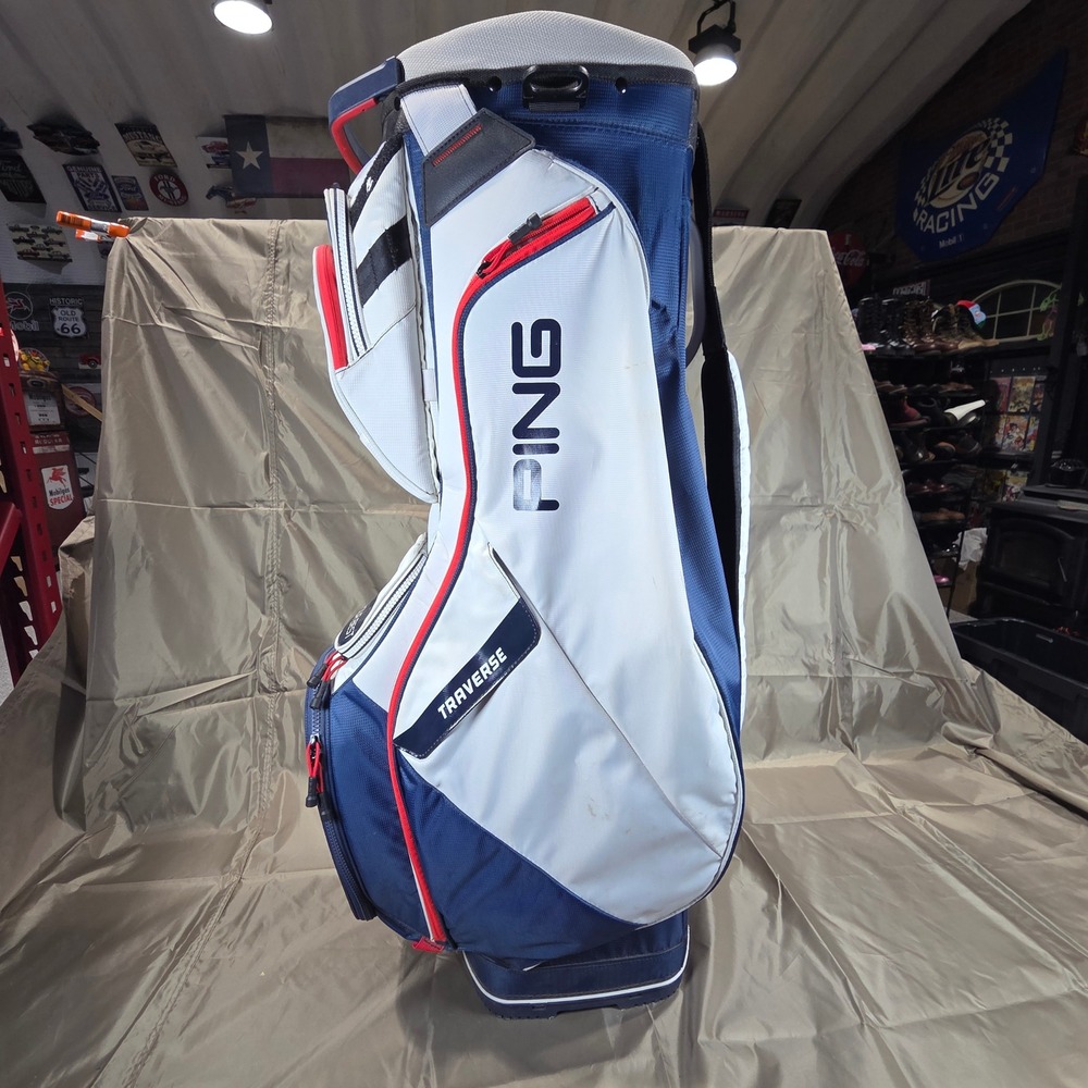 Ping Traverse Golf Cart Bag 14-Way Top White Navy Red Walnut Creek Logo